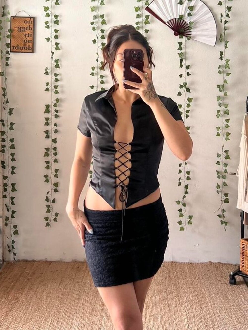 I.AM.GIA Alyona Top – Black Satin Lace Up – Size M